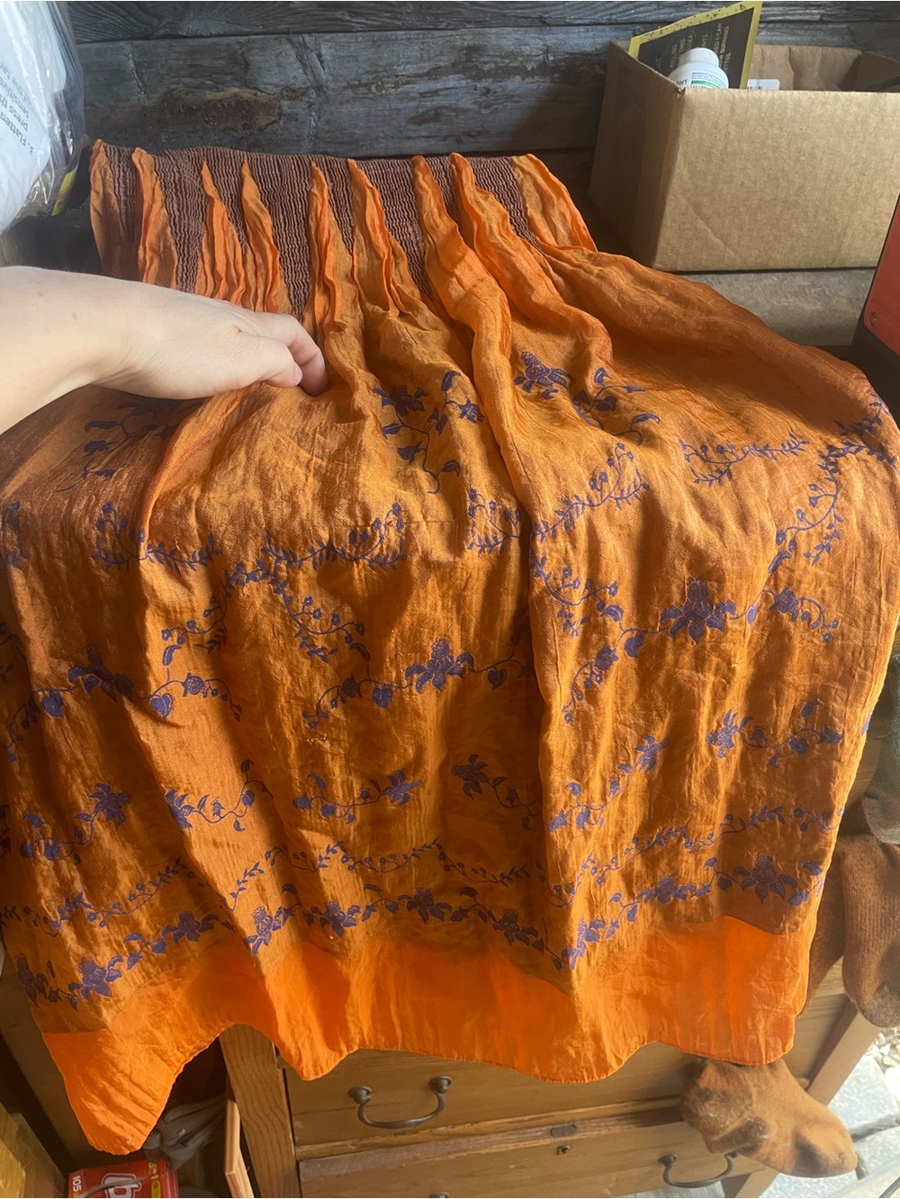 Lapis Orange Midi Skirt with Blue Floral Embroidery